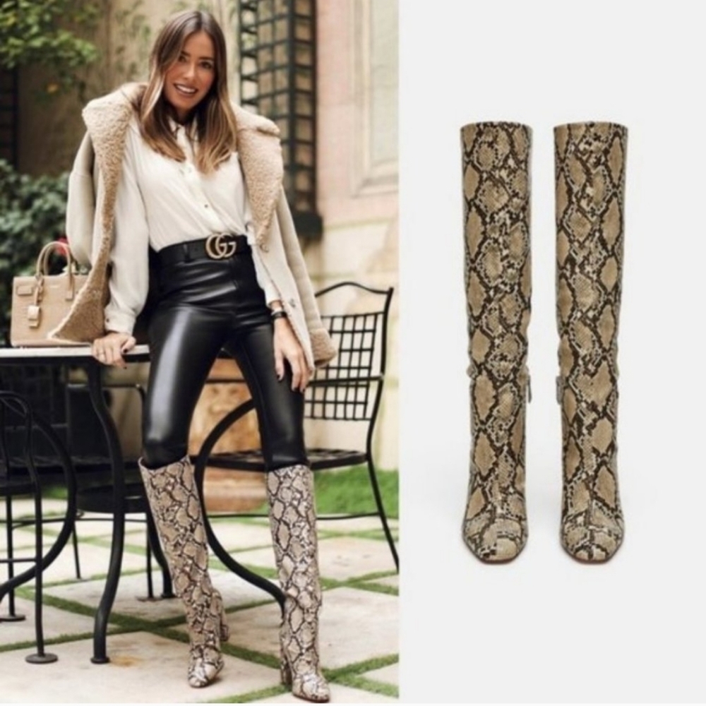 Last one! Zara * Snakeskin Print Knee High Heeled Boots - Picture 7 of 16